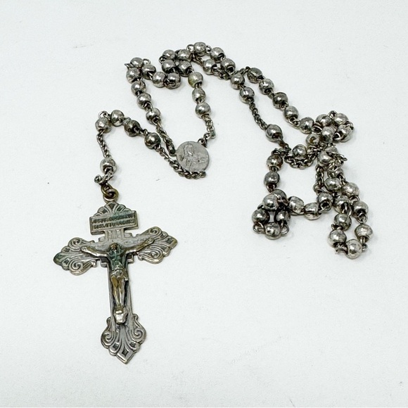 Antique Jesus Christ Rosary Silver Plated Catholic Marked France - Picture 1 of 15